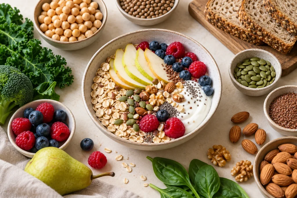 Avena, fruta, semillas, legumbres, verduras y pan integral