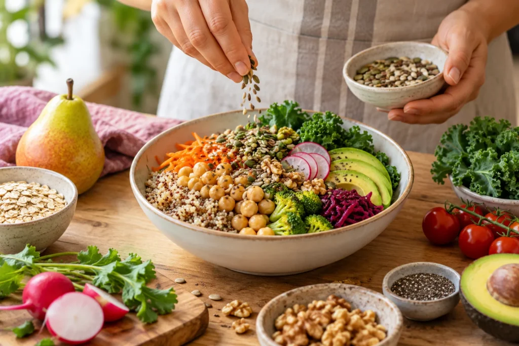Preparación de un plato con garbanzos, cereales, verduras, fruta, frutos secos y semillas