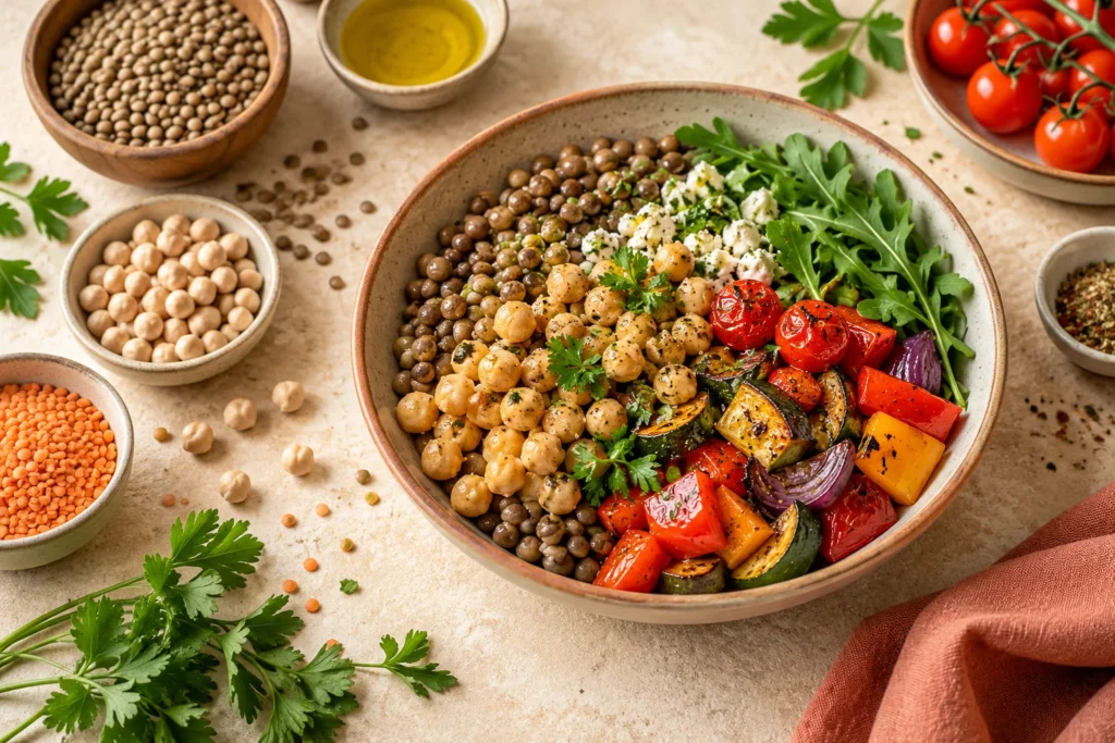 Plato con lentejas, garbanzos y verduras asadas