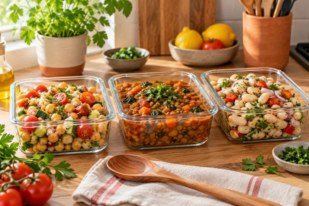 Tres recipientes con ensaladas de legumbres y un guiso de lentejas