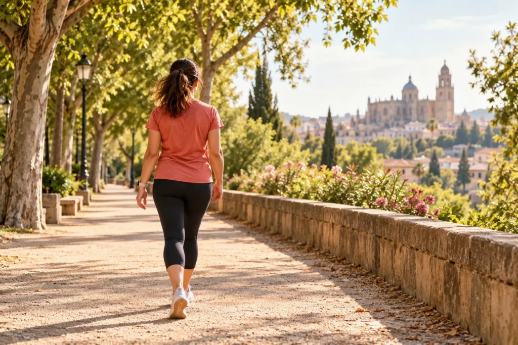 Mujer caminando por un paseo arbolado