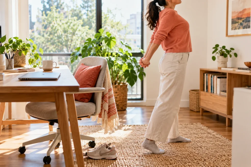 Mujer realizando una pausa de movimiento junto a su mesa de trabajo